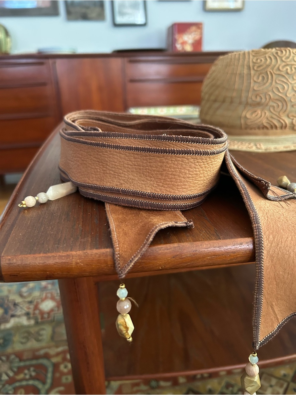 Artisan Leather Brown Belt with Stone Tassels